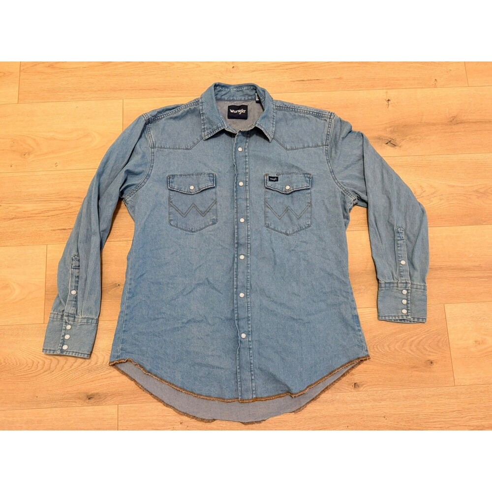 Vintage Wrangler Denim Ranch Cowboy Rodeo Western Full Snap Long Sleeve Shirt L